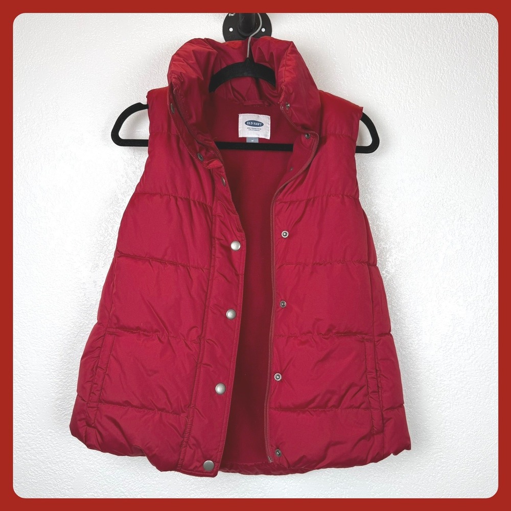 Old Navy Women Red‎ Puffer Vest Quilted Stand Collar Snap Front Size M